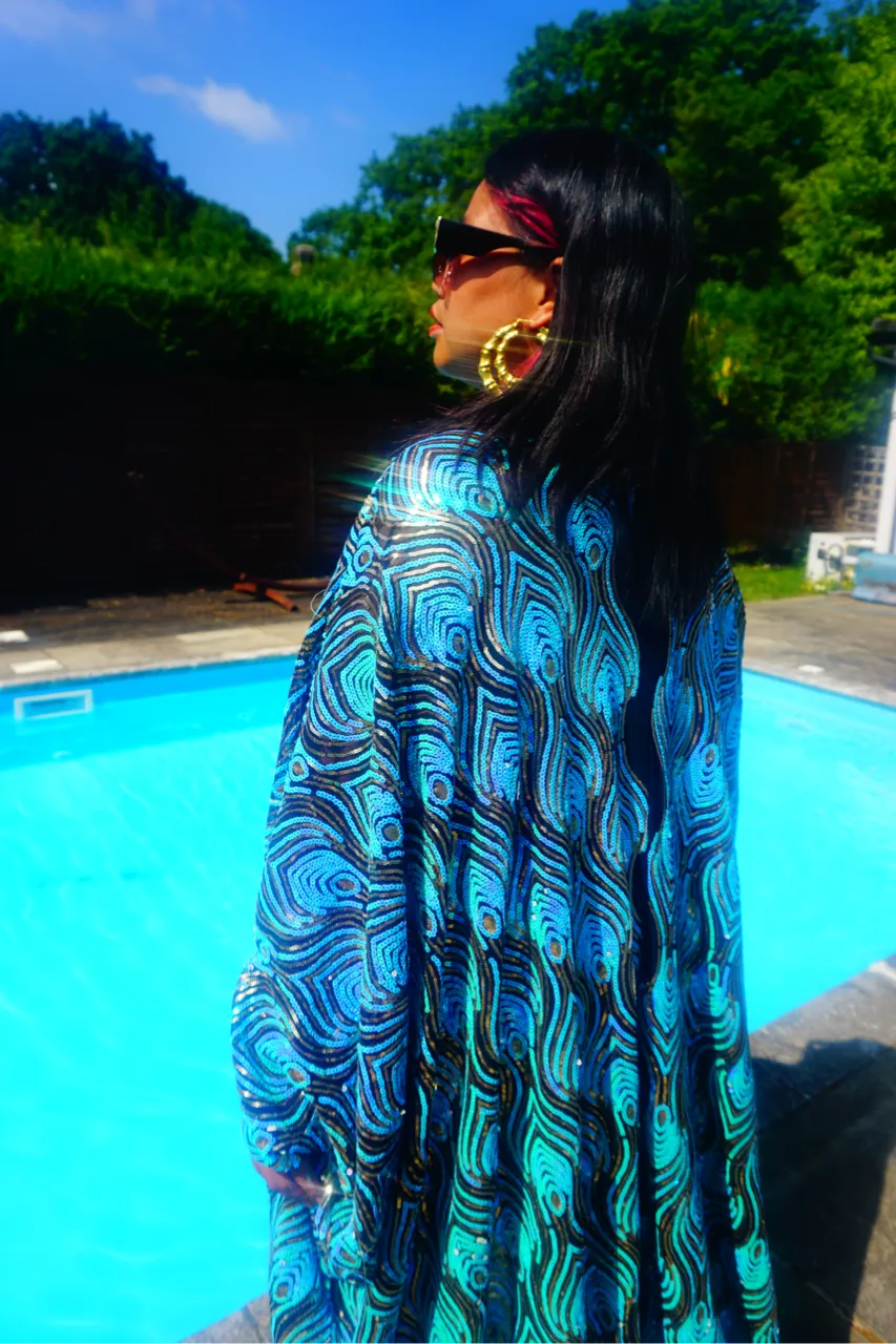 Luxury Aqua Mint Sparkle Holographic Sequin Kaftan Gown / Kimono Robe