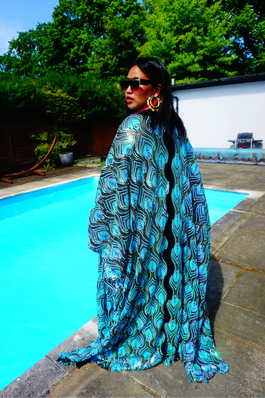 Luxury Aqua Mint Sparkle Holographic Sequin Kaftan Gown / Kimono Robe