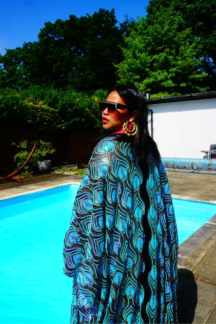 Luxury Aqua Mint Sparkle Holographic Sequin Kaftan Gown / Kimono Robe
