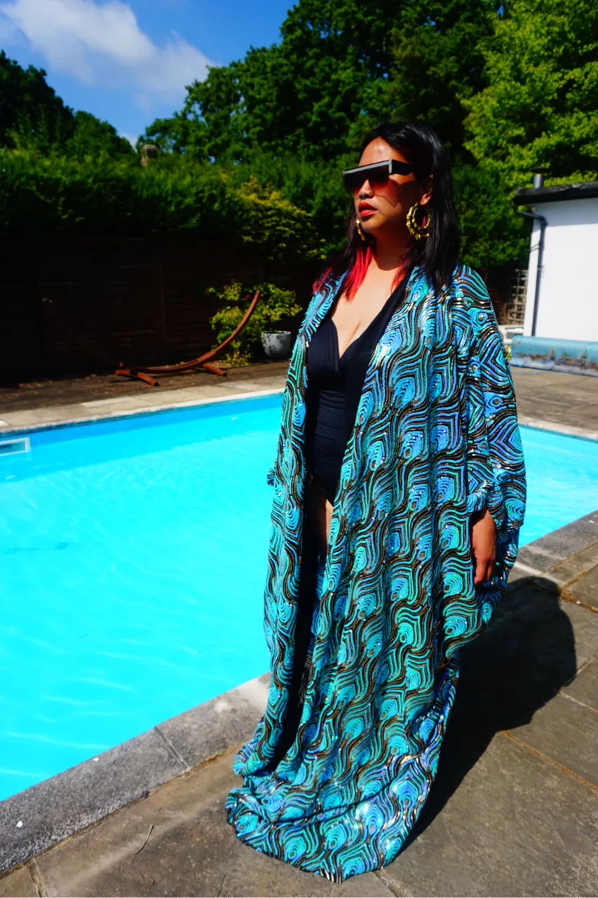 Luxury Aqua Mint Sparkle Holographic Sequin Kaftan Gown / Kimono Robe
