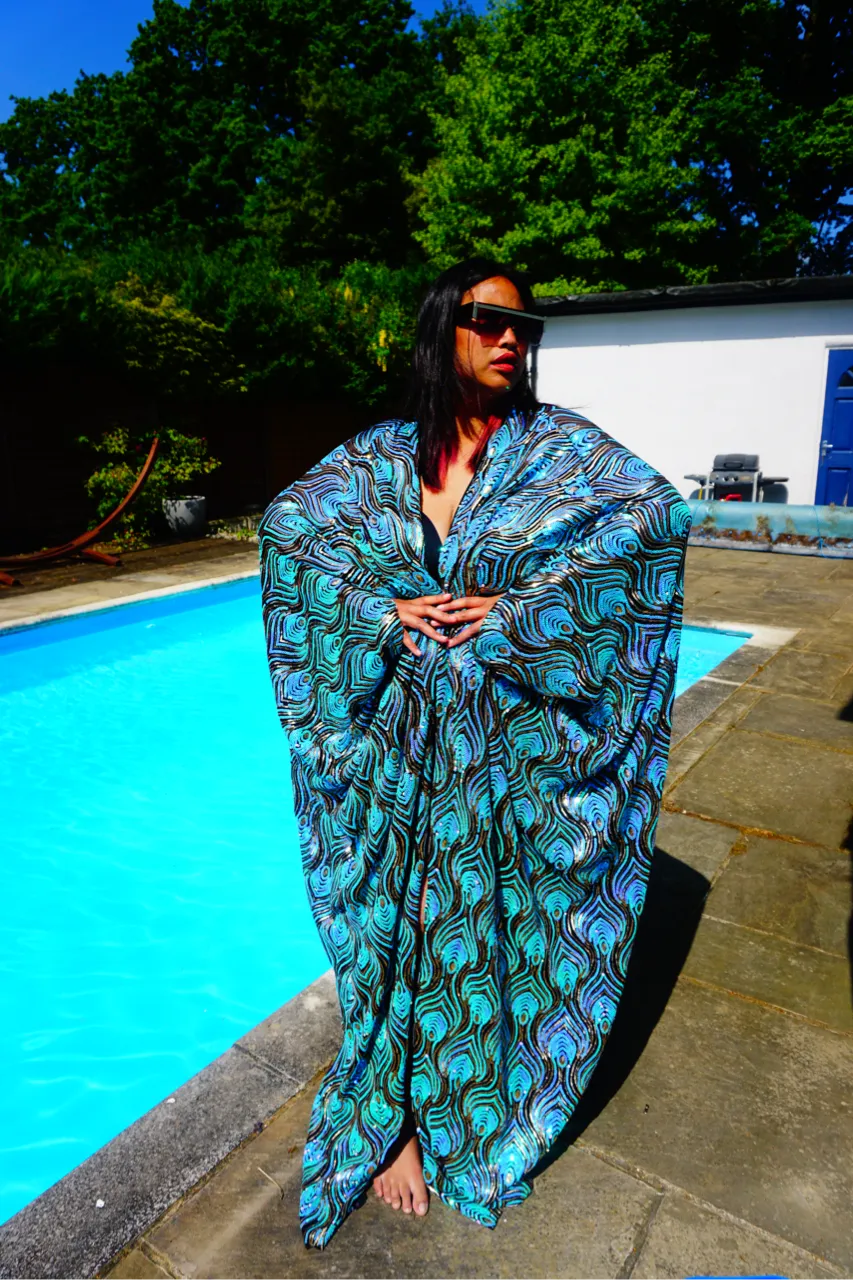 Luxury Aqua Mint Sparkle Holographic Sequin Kaftan Gown / Kimono Robe