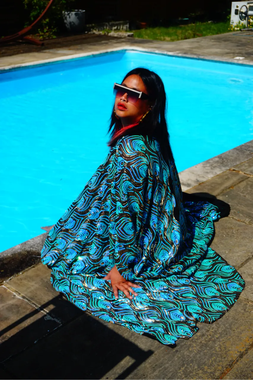 Luxury Aqua Mint Sparkle Holographic Sequin Kaftan Gown / Kimono Robe