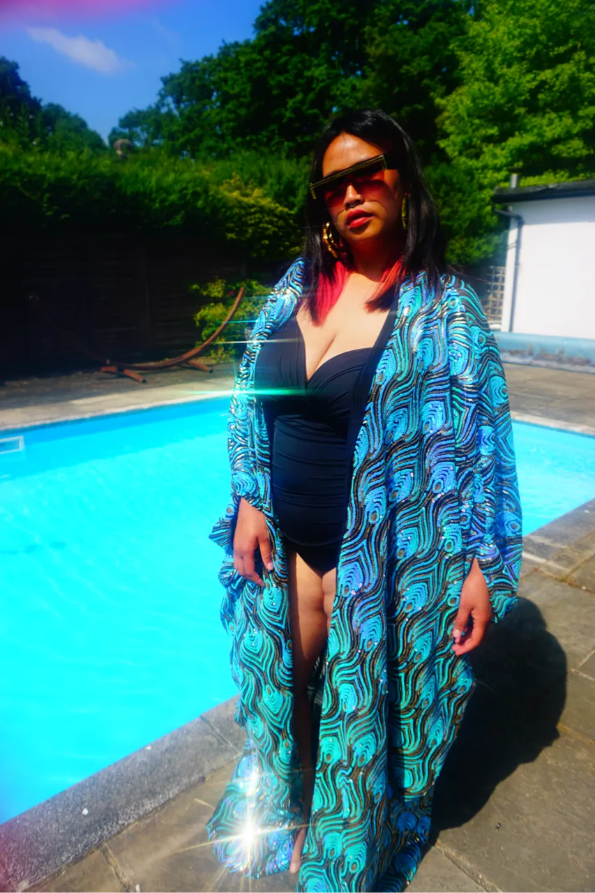 Luxury Aqua Mint Sparkle Holographic Sequin Kaftan Gown / Kimono Robe