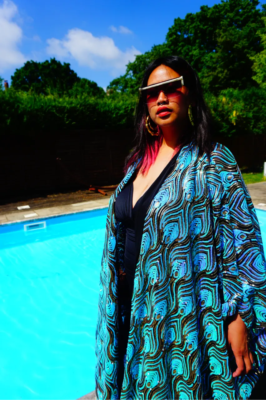 Luxury Aqua Mint Sparkle Holographic Sequin Kaftan Gown / Kimono Robe