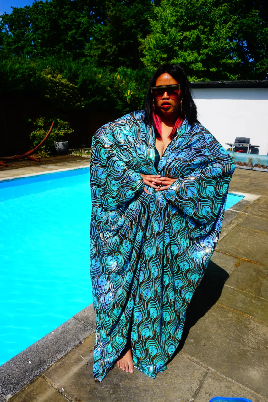 Luxury Aqua Mint Sparkle Holographic Sequin Kaftan Gown / Kimono Robe