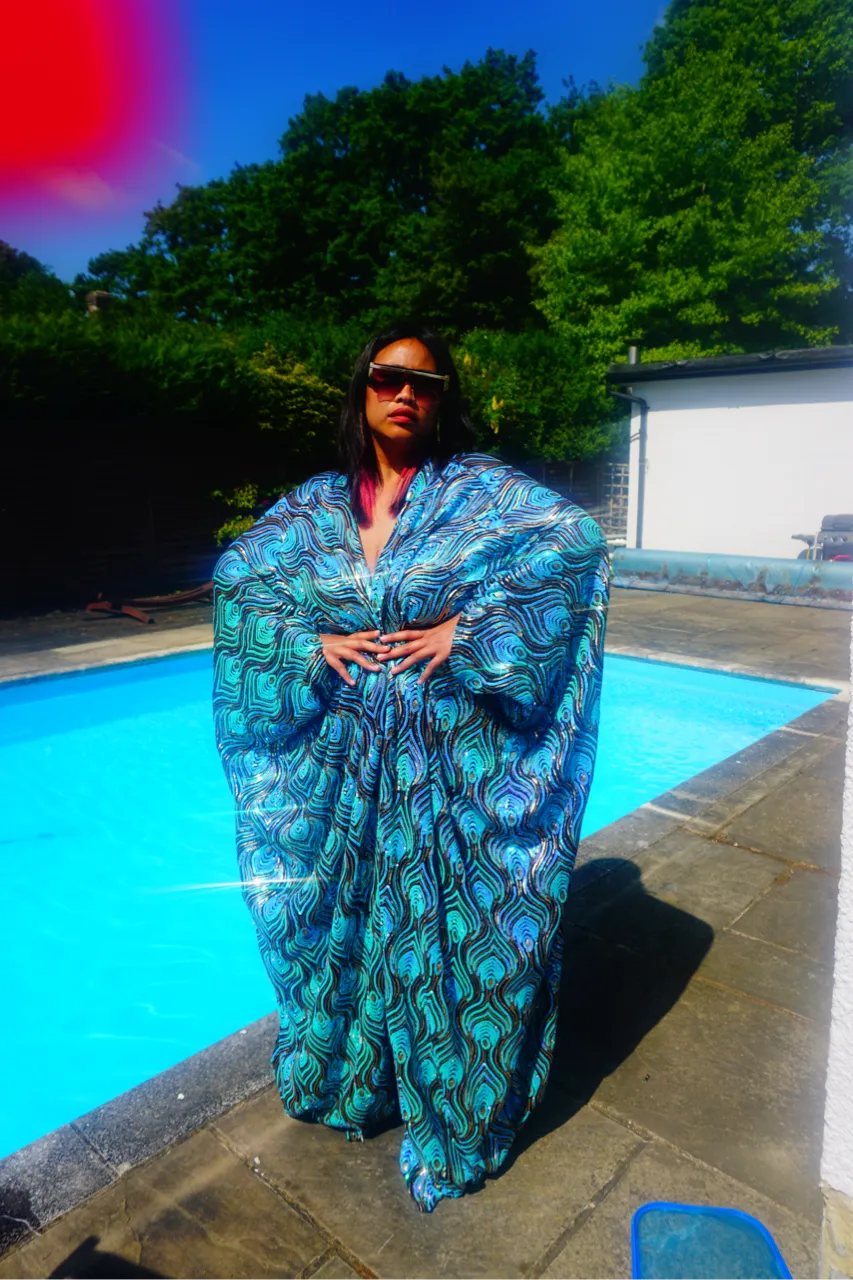 Luxury Aqua Mint Sparkle Holographic Sequin Kaftan Gown / Kimono Robe