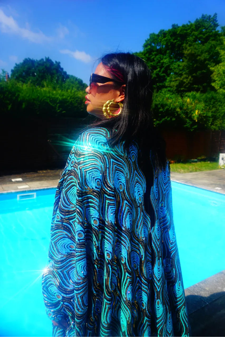 Luxury Aqua Mint Sparkle Holographic Sequin Kaftan Gown / Kimono Robe