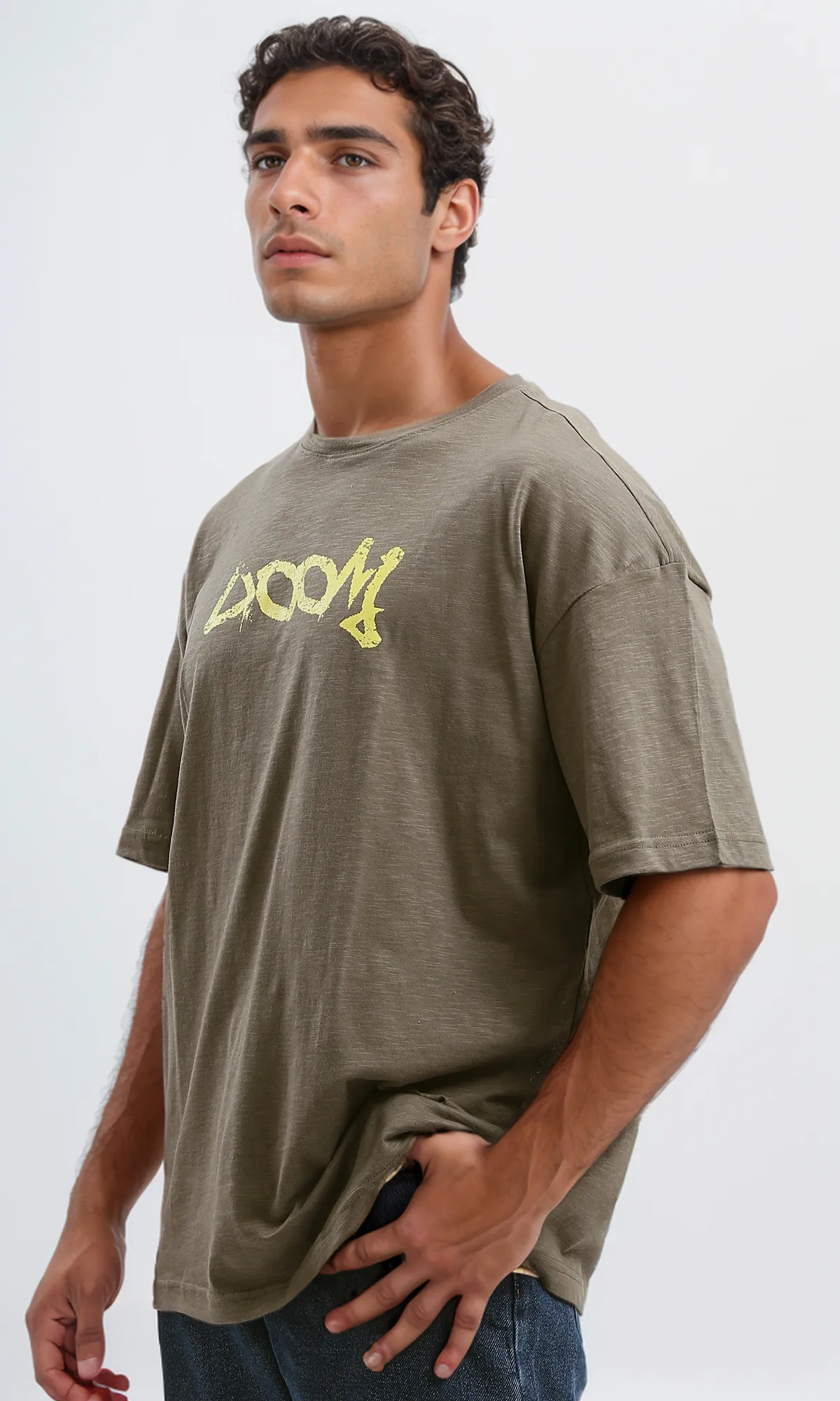 O179364 Printed Heather Dark Khaki Elbow Sleeves Tee