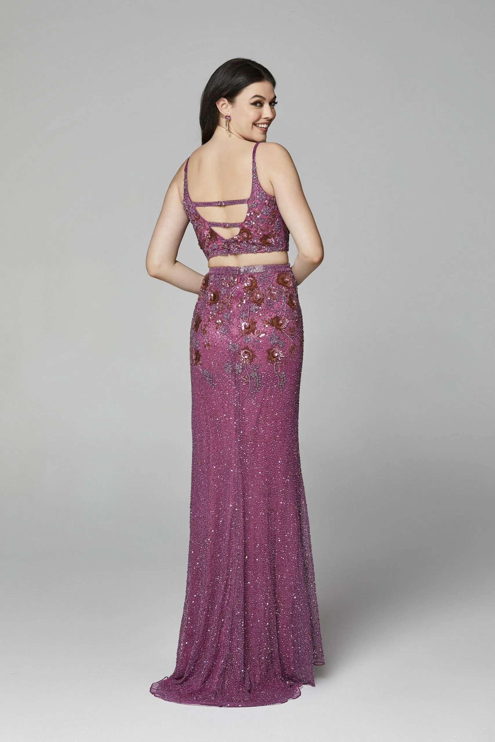 Primavera Couture 3647 size 8 Raspberry Beaded two Piece Prom Dress Backless Slit