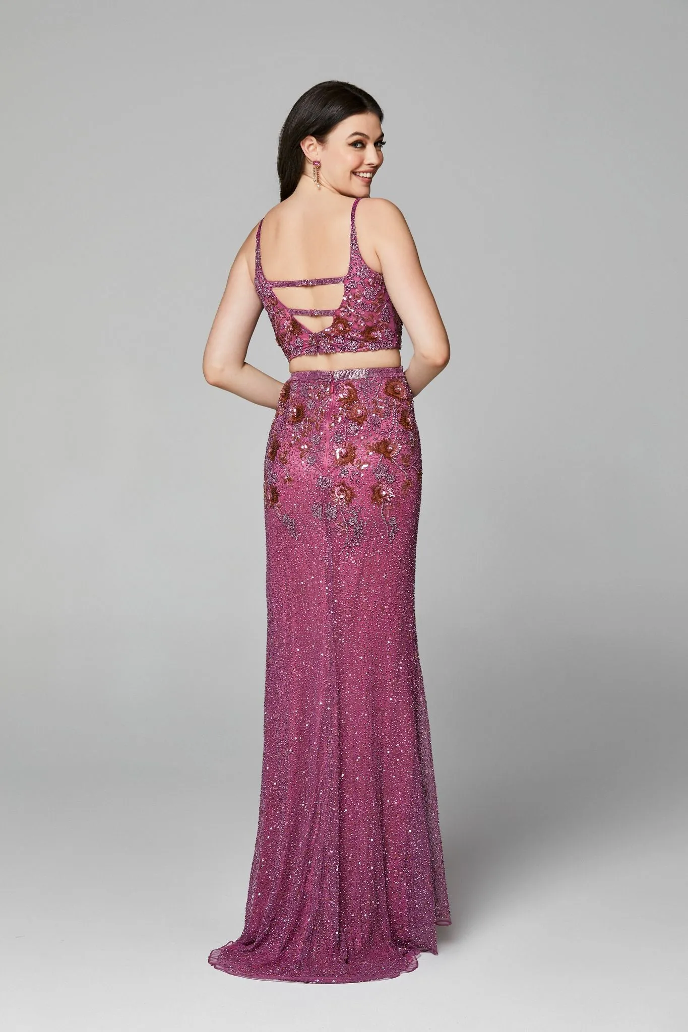 Primavera Couture 3647 size 8 Raspberry Beaded two Piece Prom Dress Backless Slit