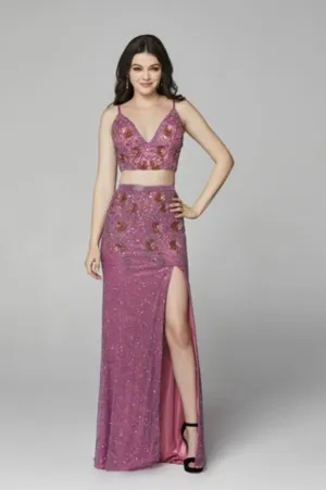 Primavera Couture 3647 size 8 Raspberry Beaded two Piece Prom Dress Backless Slit