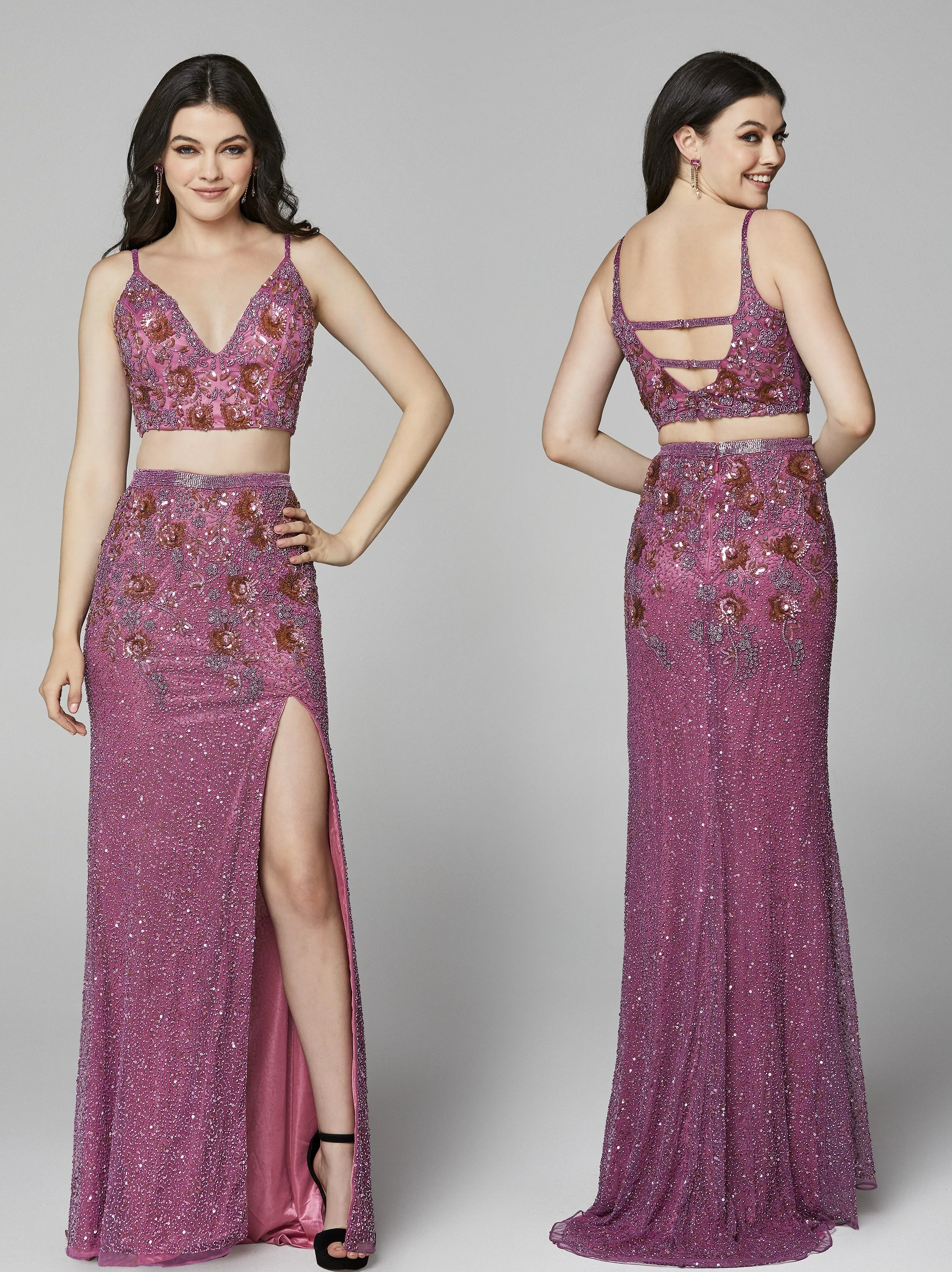 Primavera Couture 3647 size 8 Raspberry Beaded two Piece Prom Dress Backless Slit