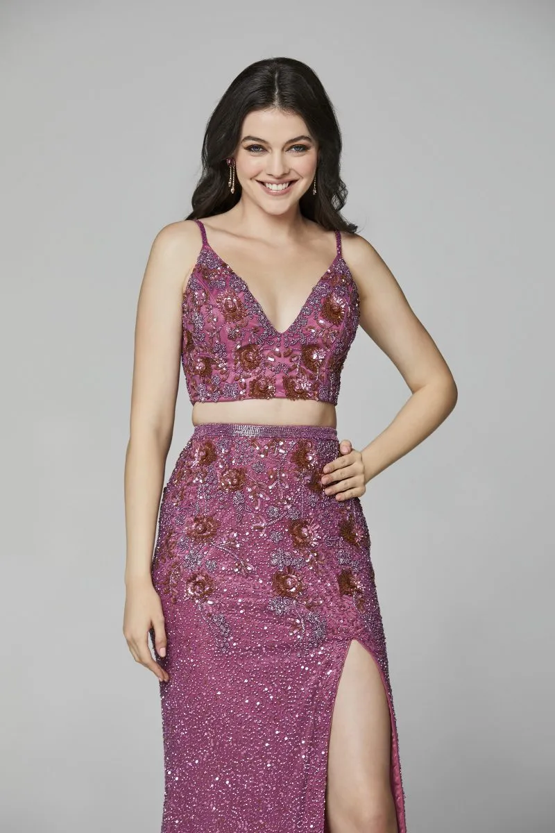 Primavera Couture 3647 size 8 Raspberry Beaded two Piece Prom Dress Backless Slit