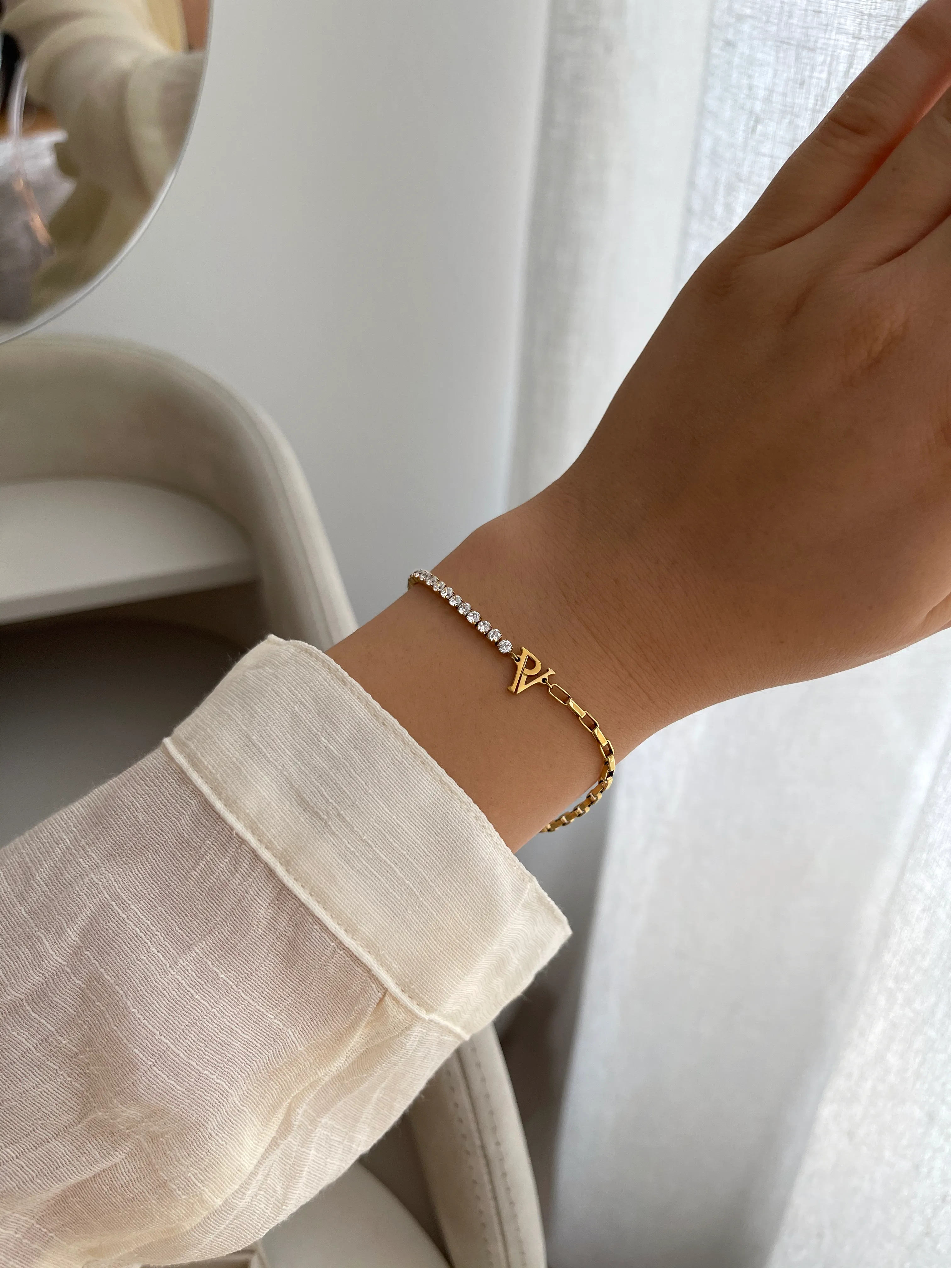 PV Tennis & Chain Bracelet 14K Gold Plated
