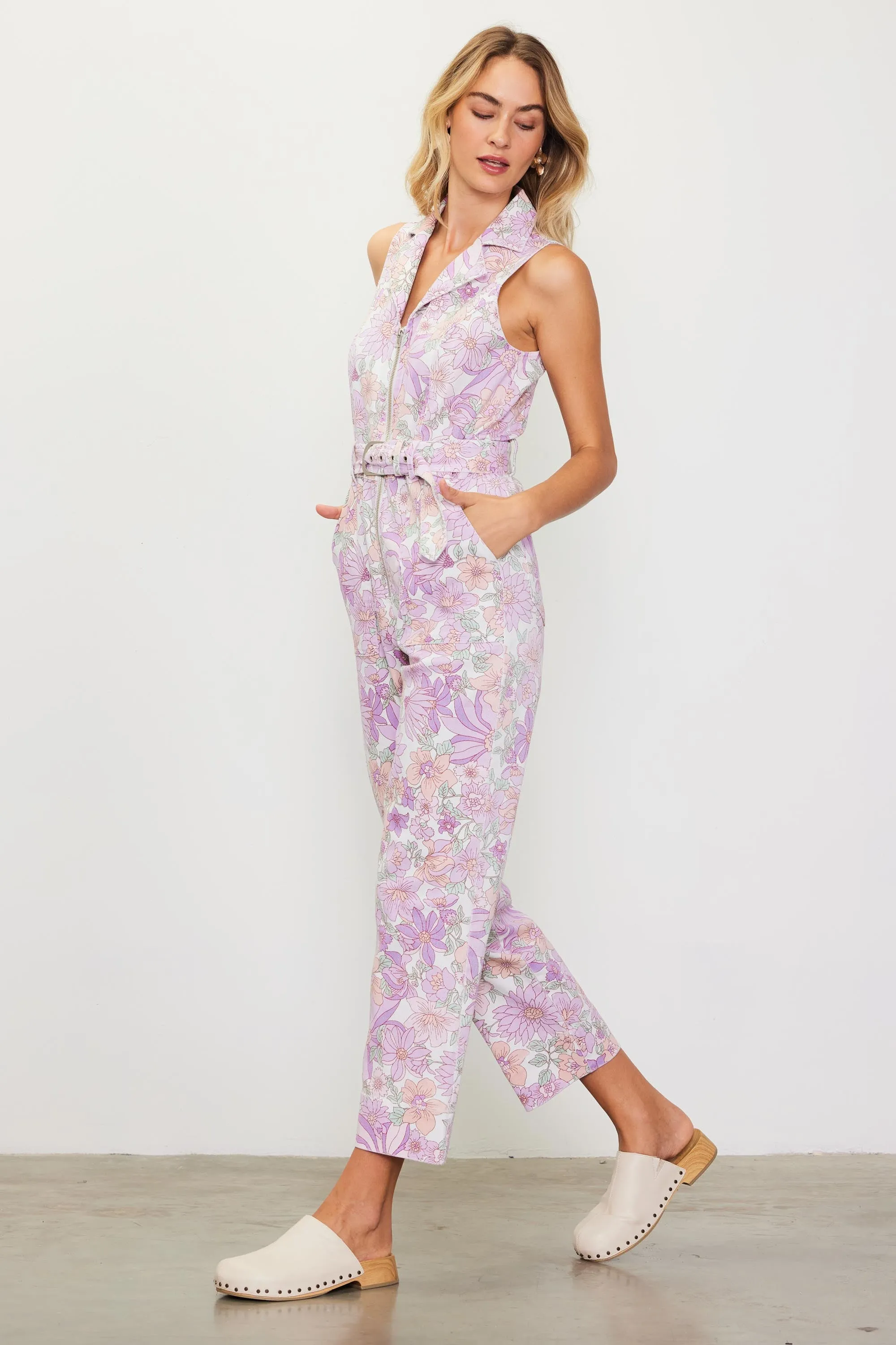 Retro Floral Belted Zip Jumpsuit