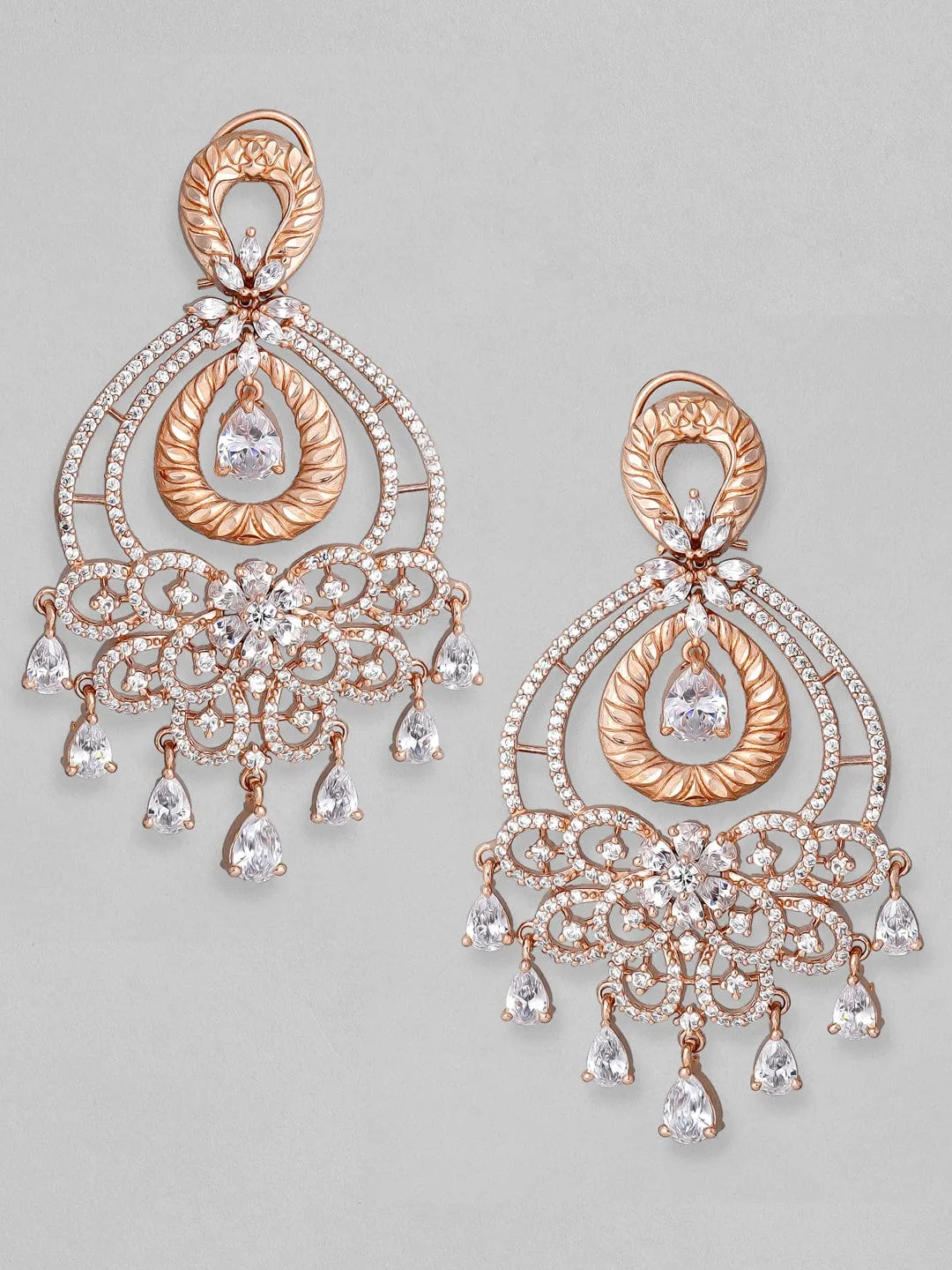 Rubans Floral Zircon Studded Handcrafted Rose Gold Plated Chandbali Earrings