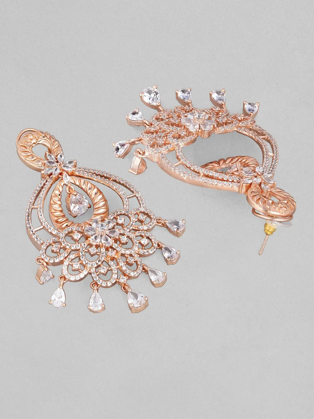 Rubans Floral Zircon Studded Handcrafted Rose Gold Plated Chandbali Earrings
