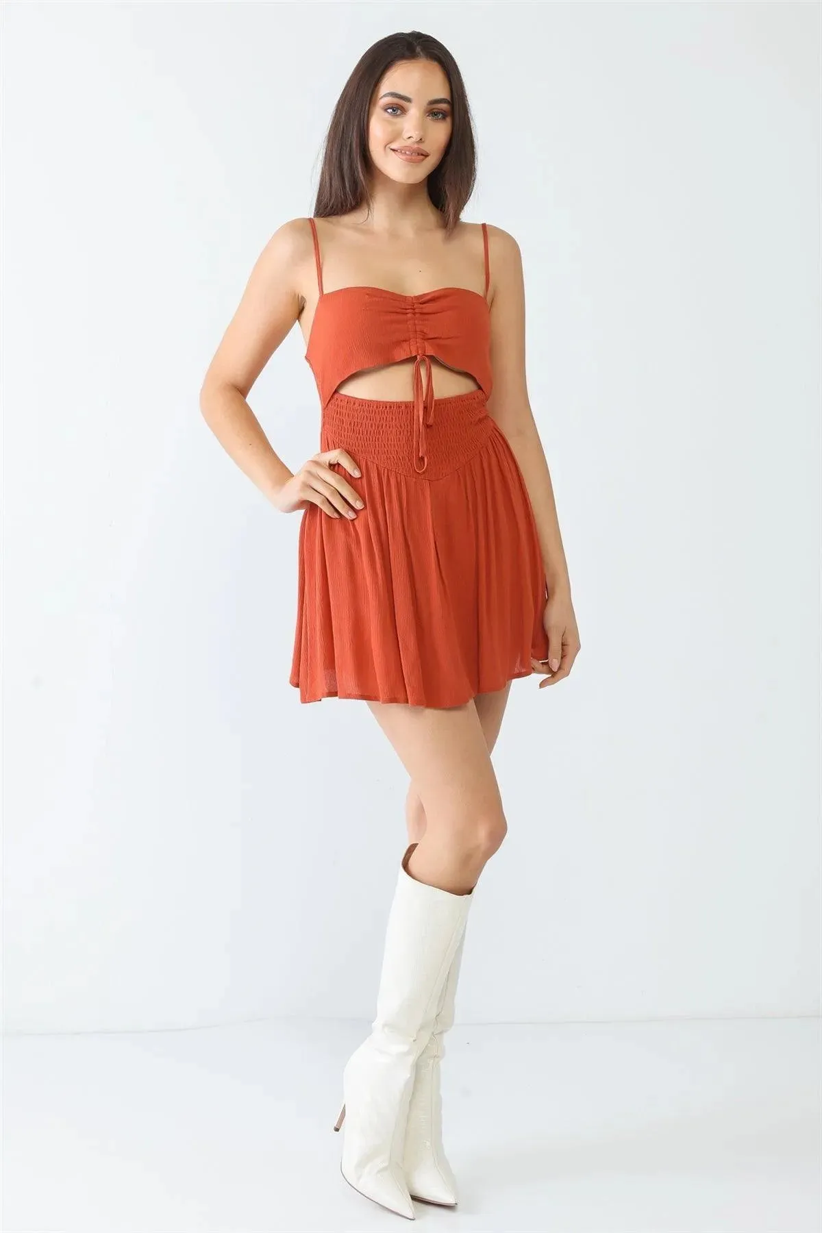 Rust Textured Ruched Smocked Sleeveless Cut-Out Romper /3-2-1