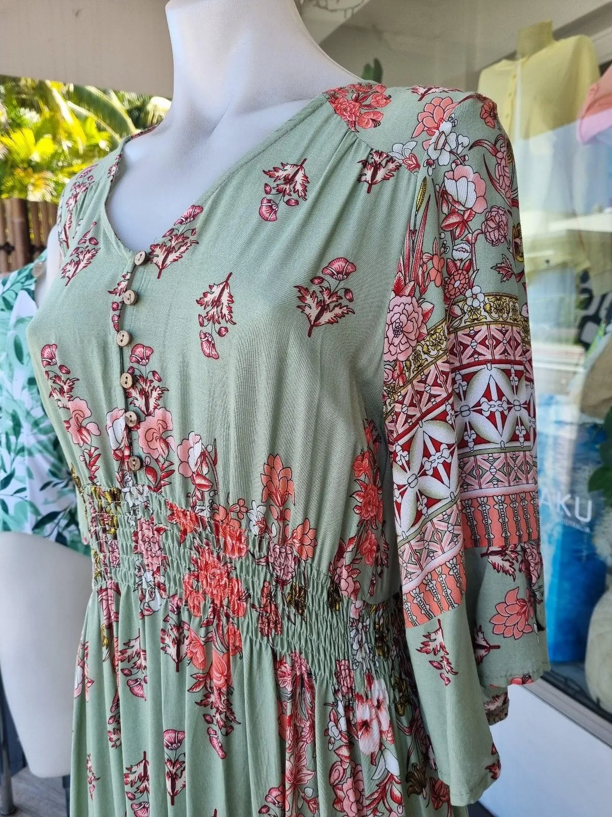Silver Wishes D8474A Long Rayon Maxi Olive Floral Dress