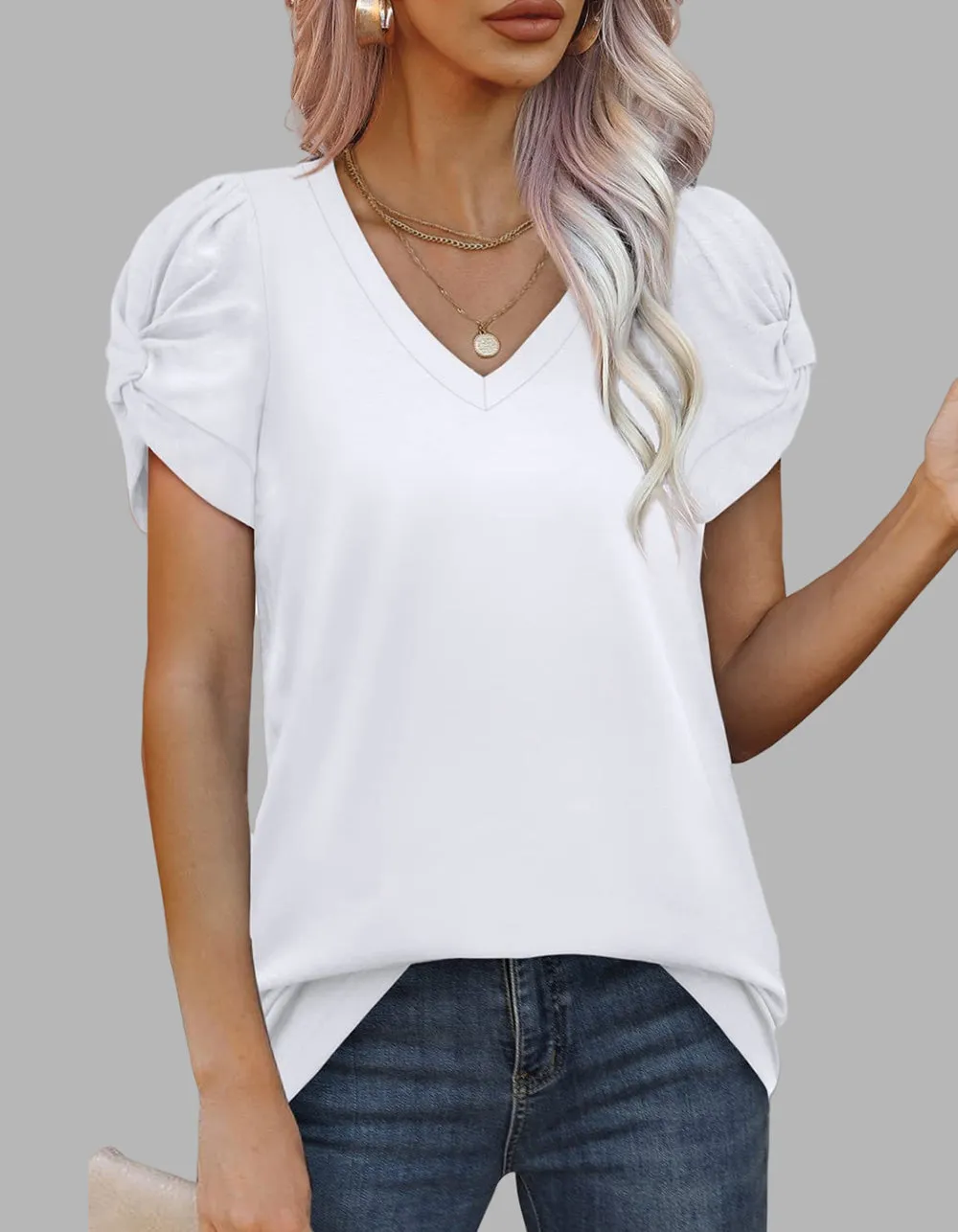 Solid-color V Neck Twist Knot Short-sleeved T-shirt