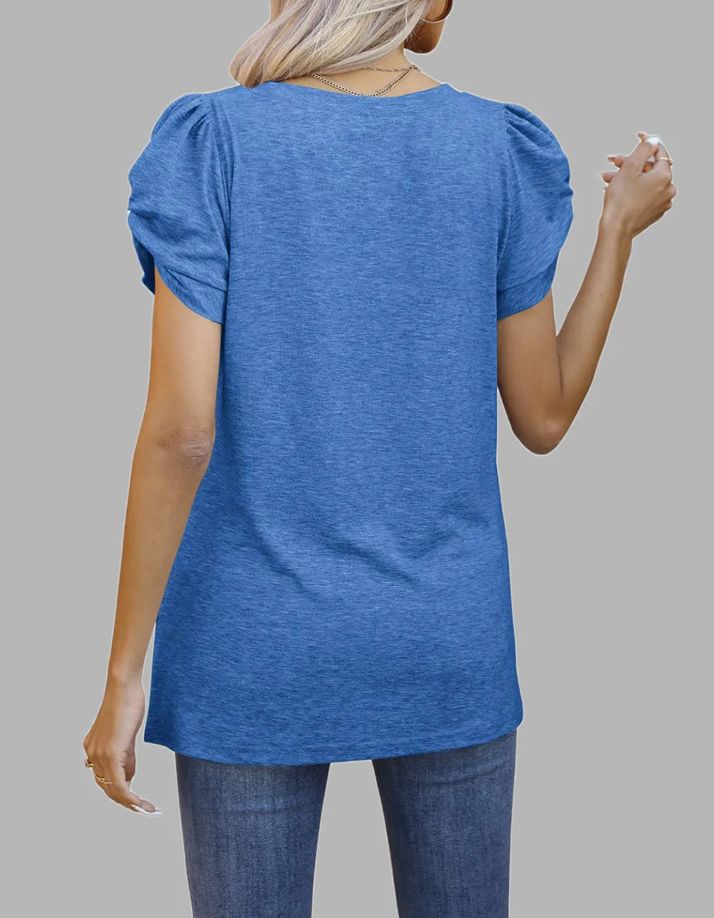 Solid-color V Neck Twist Knot Short-sleeved T-shirt