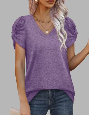 Solid-color V Neck Twist Knot Short-sleeved T-shirt