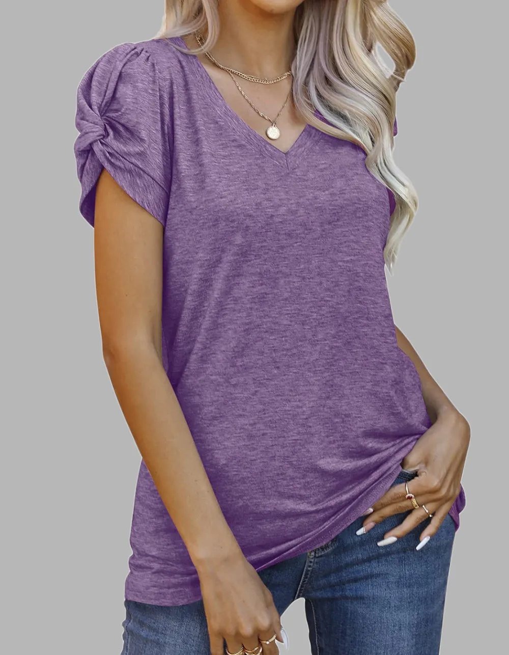 Solid-color V Neck Twist Knot Short-sleeved T-shirt