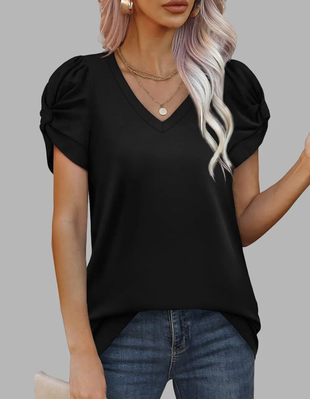 Solid-color V Neck Twist Knot Short-sleeved T-shirt