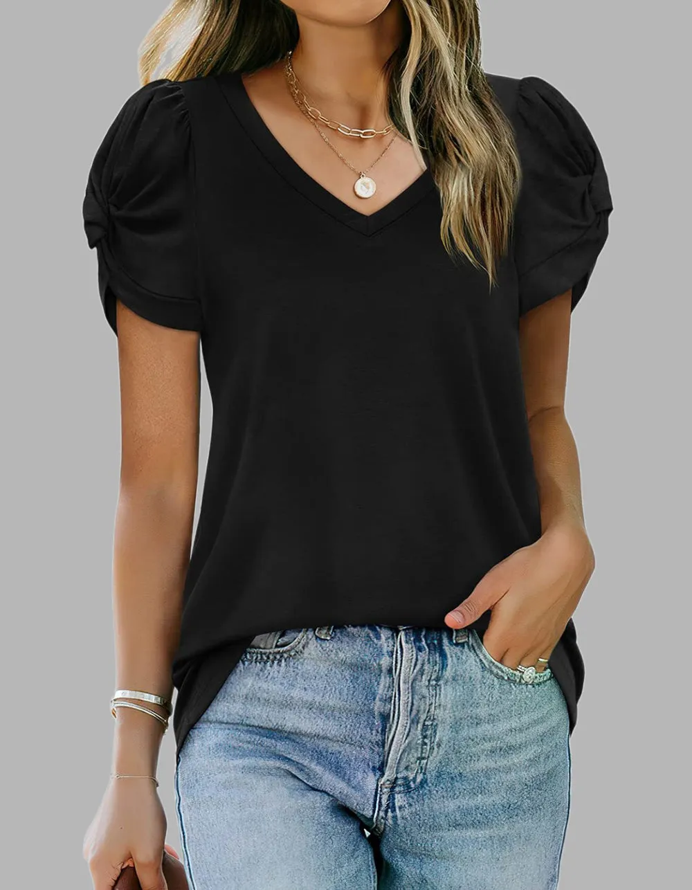 Solid-color V Neck Twist Knot Short-sleeved T-shirt