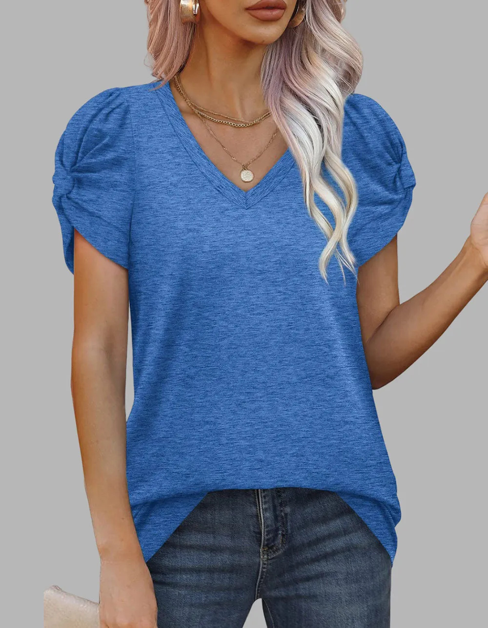 Solid-color V Neck Twist Knot Short-sleeved T-shirt