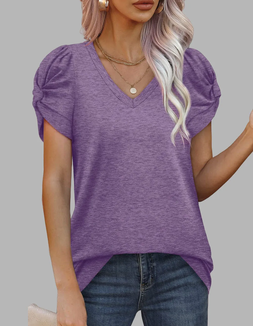 Solid-color V Neck Twist Knot Short-sleeved T-shirt