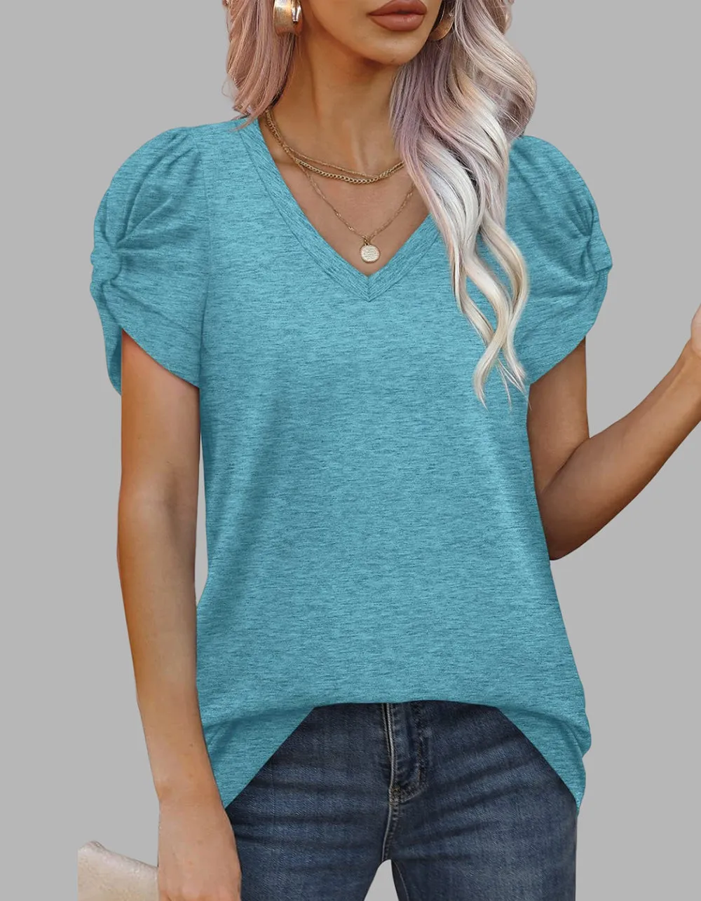 Solid-color V Neck Twist Knot Short-sleeved T-shirt