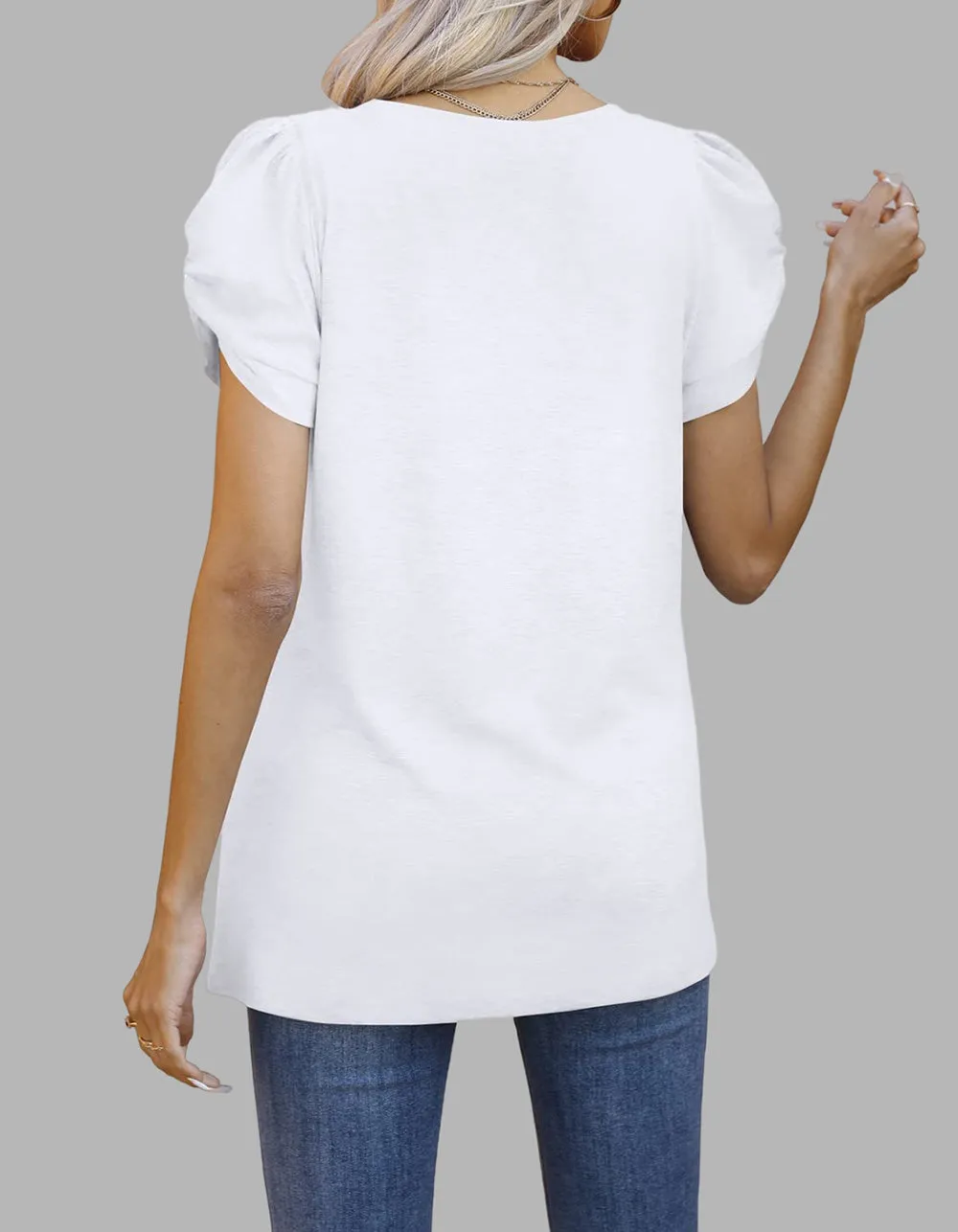 Solid-color V Neck Twist Knot Short-sleeved T-shirt
