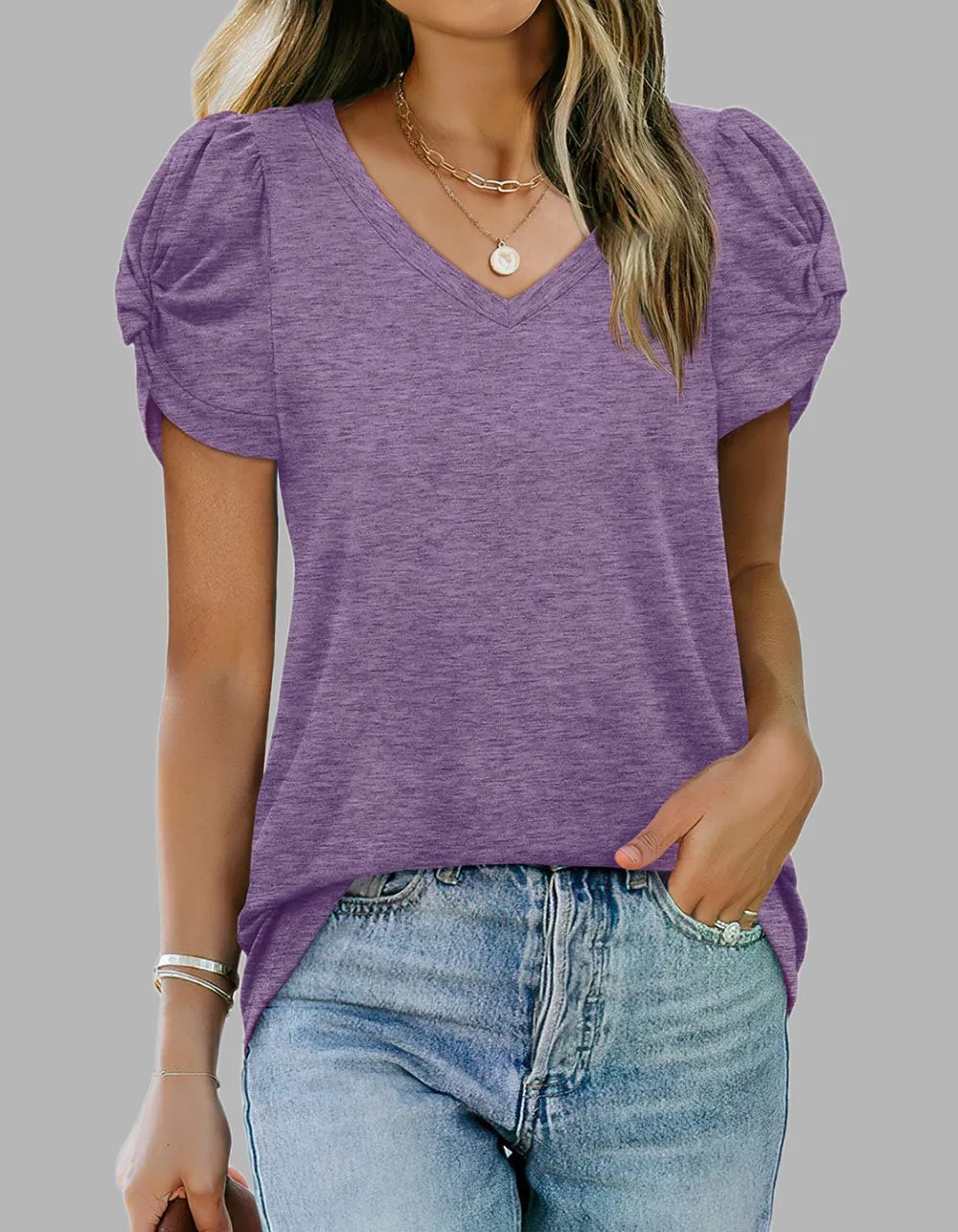 Solid-color V Neck Twist Knot Short-sleeved T-shirt