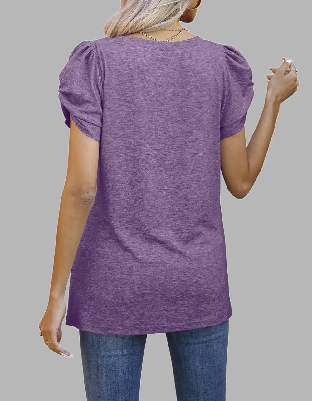 Solid-color V Neck Twist Knot Short-sleeved T-shirt