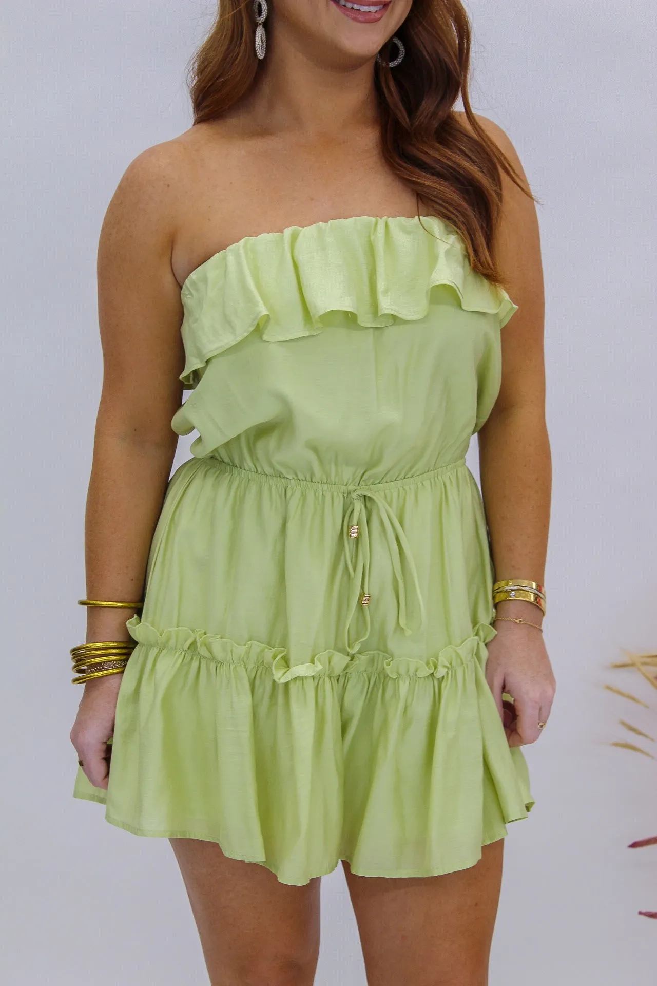 Still The One Ruffled Strapless Romper- Lime
