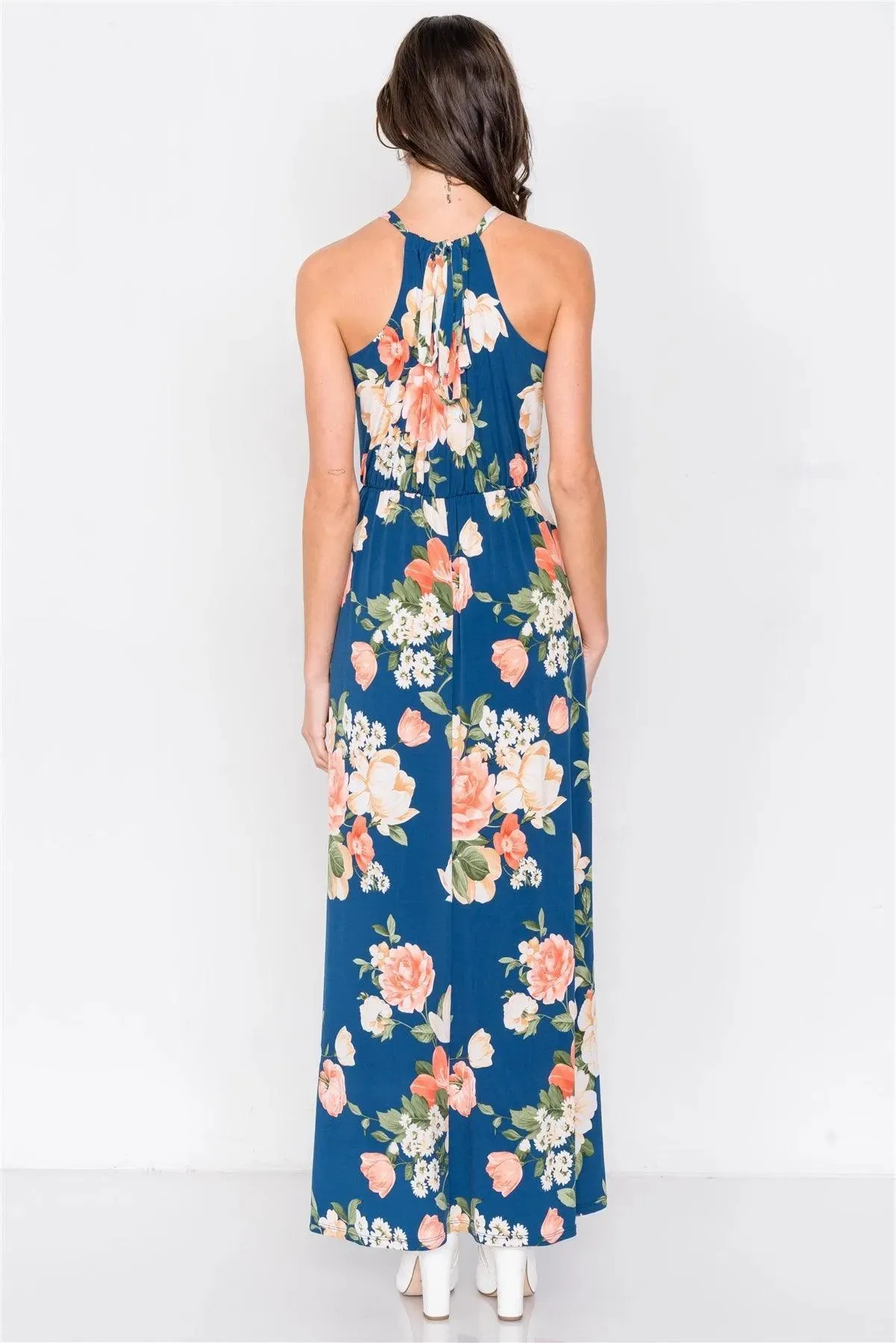Teal Floral Tropical High Neck Midi Side Slit Casual Dress /2-2-2