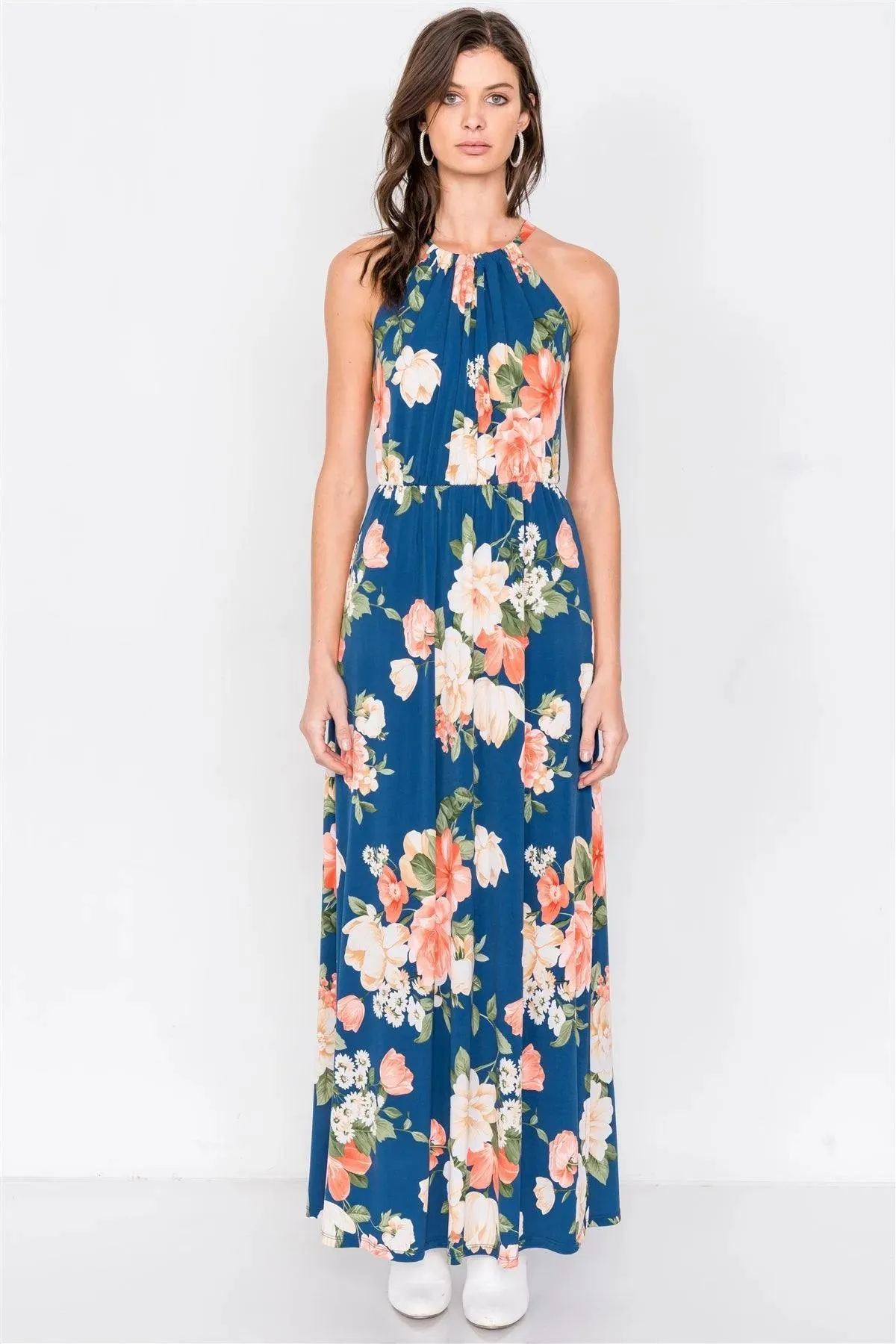 Teal Floral Tropical High Neck Midi Side Slit Casual Dress /2-2-2