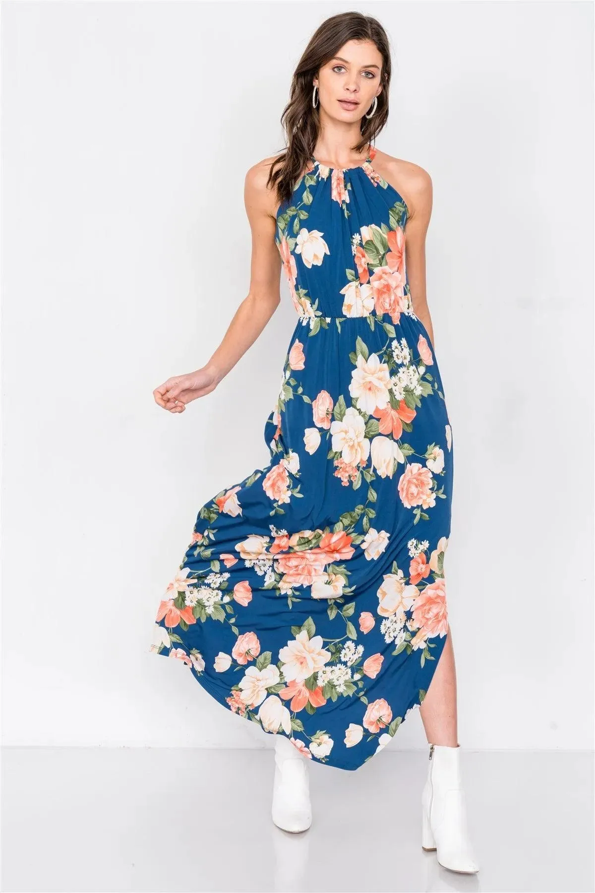 Teal Floral Tropical High Neck Midi Side Slit Casual Dress /2-2-2
