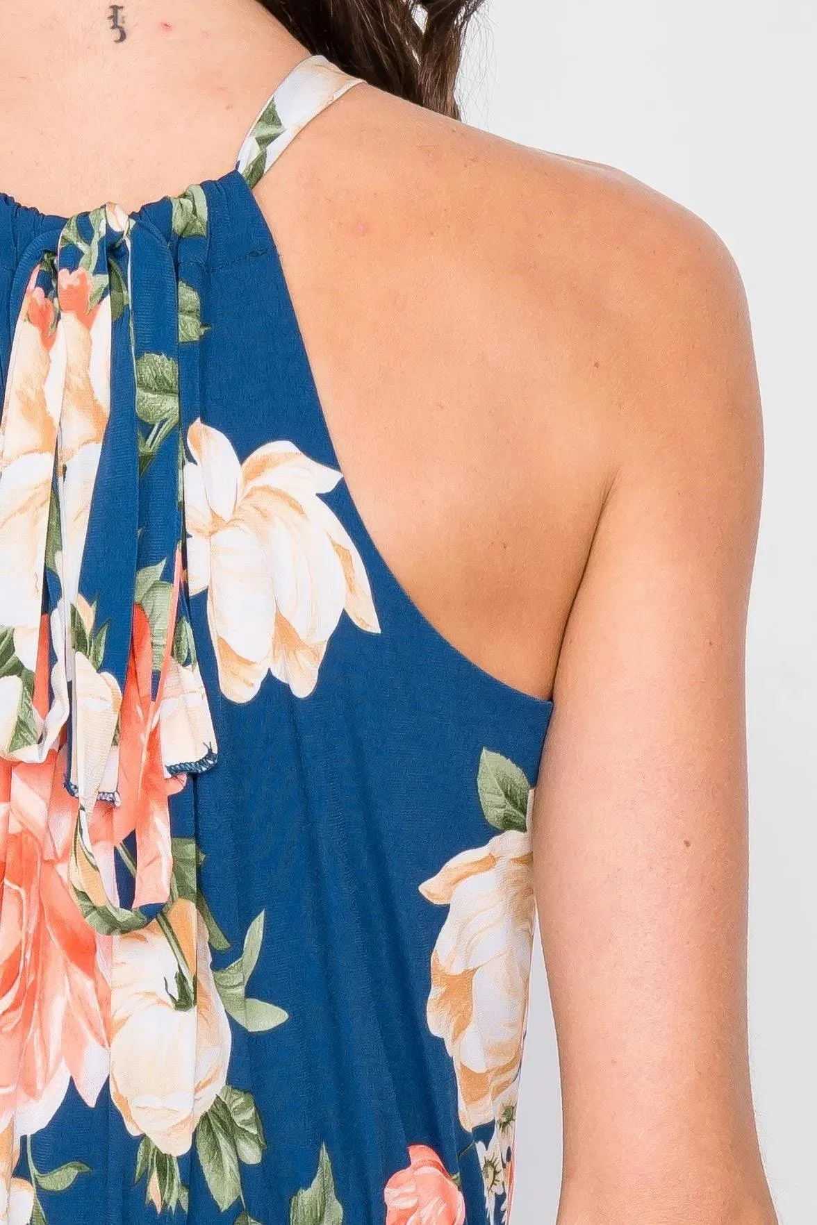 Teal Floral Tropical High Neck Midi Side Slit Casual Dress /2-2-2