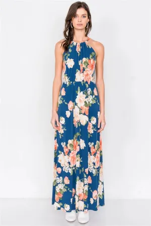Teal Floral Tropical High Neck Midi Side Slit Casual Dress /2-2-2