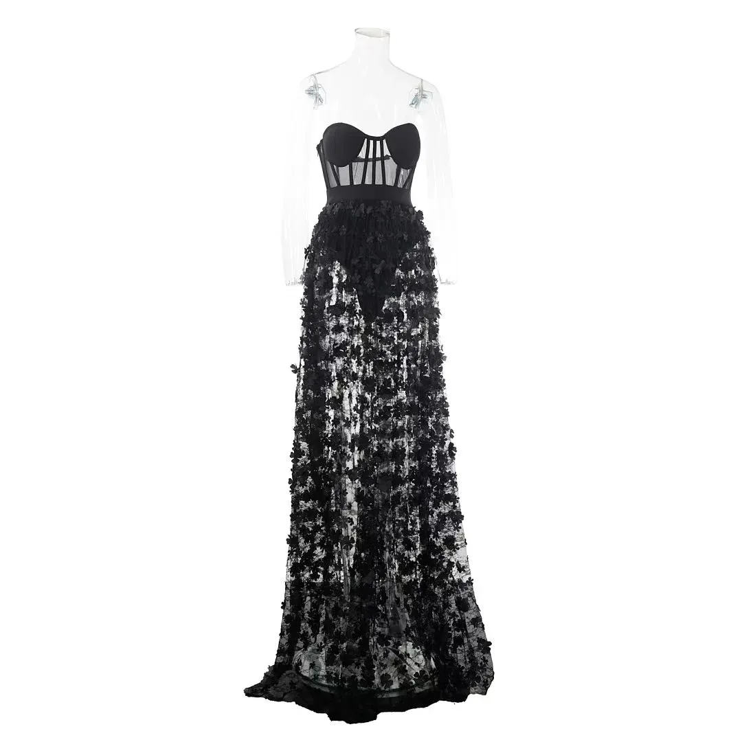 Trend4us Women's Floral Sheer Corset Maxi Gown