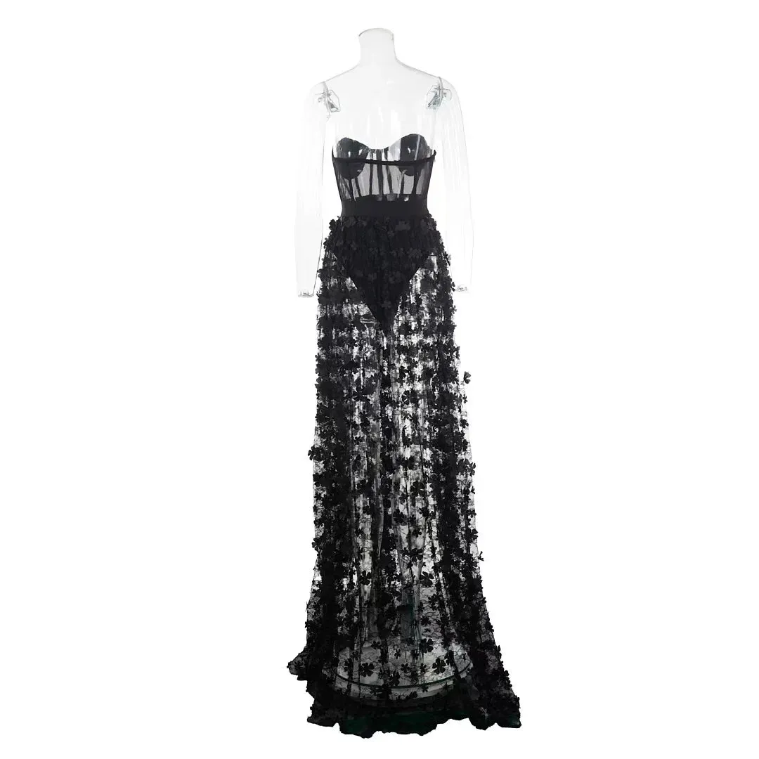 Trend4us Women's Floral Sheer Corset Maxi Gown