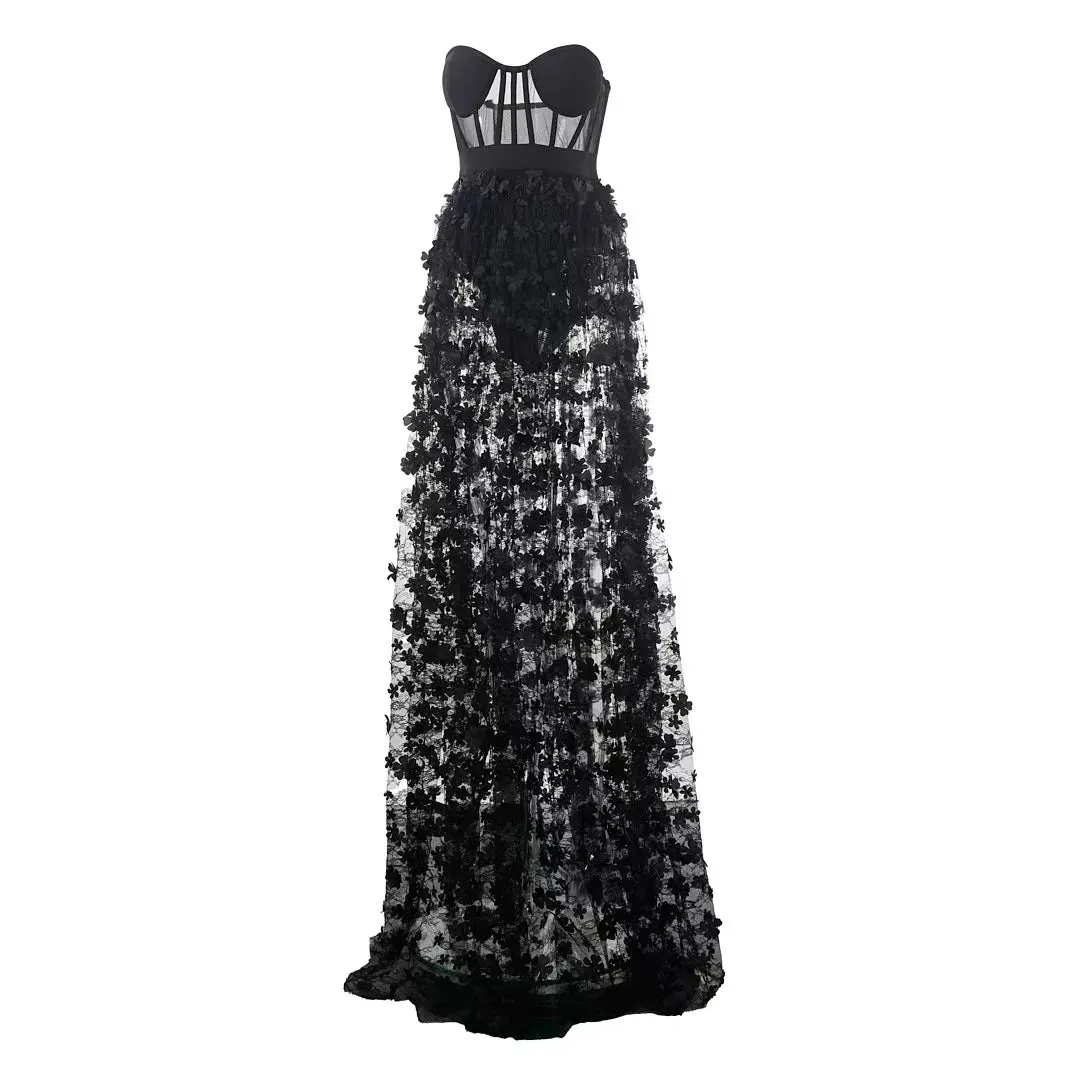Trend4us Women's Floral Sheer Corset Maxi Gown