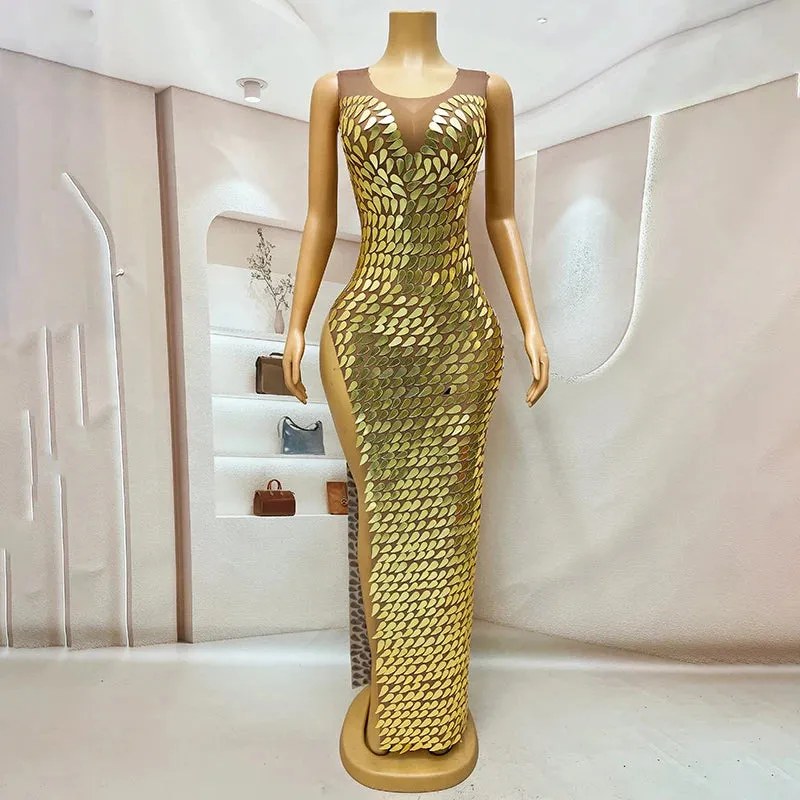 Trend4us Women's Glamorous Golden Sequin High-Slit Maxi Dress