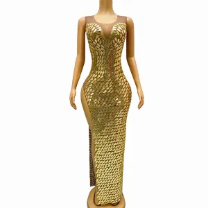 Trend4us Women's Glamorous Golden Sequin High-Slit Maxi Dress