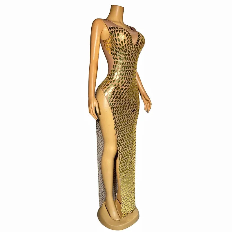 Trend4us Women's Glamorous Golden Sequin High-Slit Maxi Dress