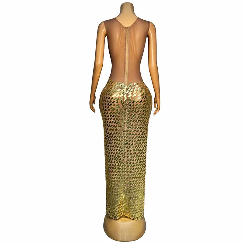 Trend4us Women's Glamorous Golden Sequin High-Slit Maxi Dress