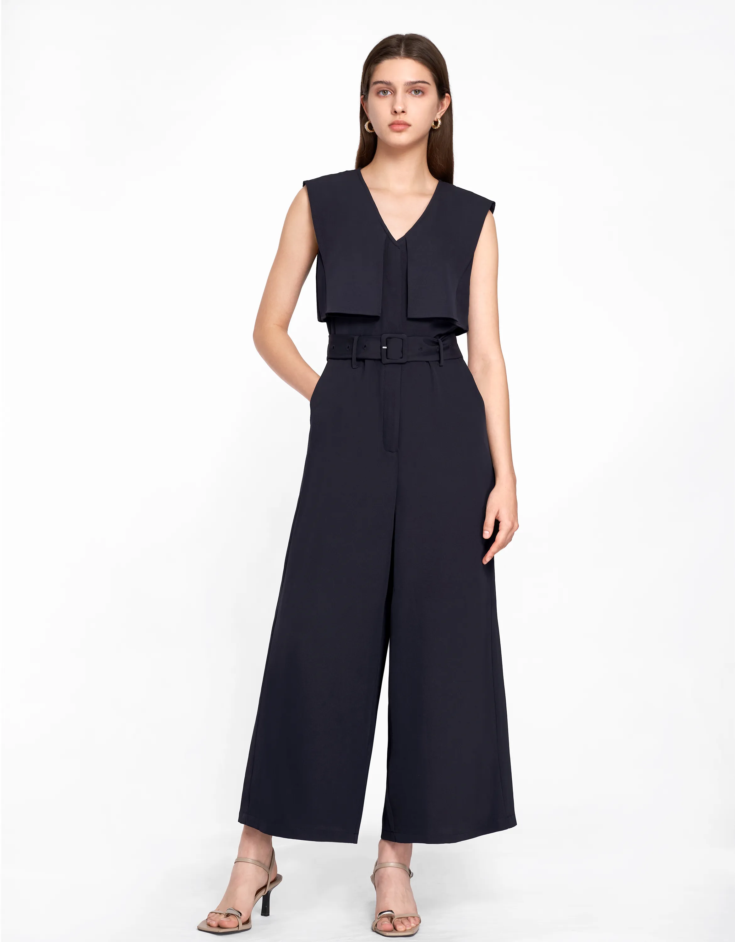 V-neck Belted Wide-leg Jumpsuit