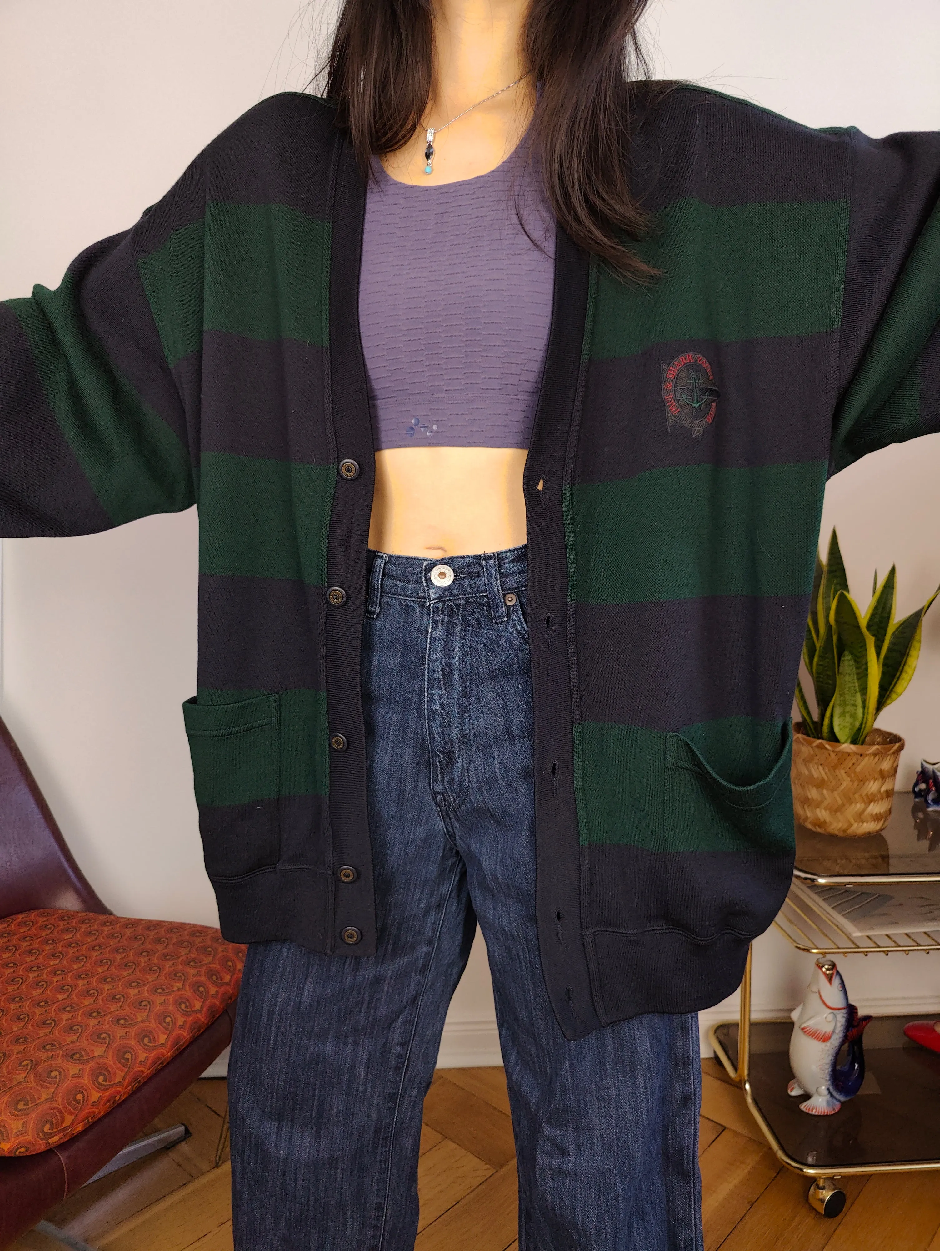 Vintage Paul & Shark 100% wool cardigan stripe knit knitted jacket blue green unisex men XXL